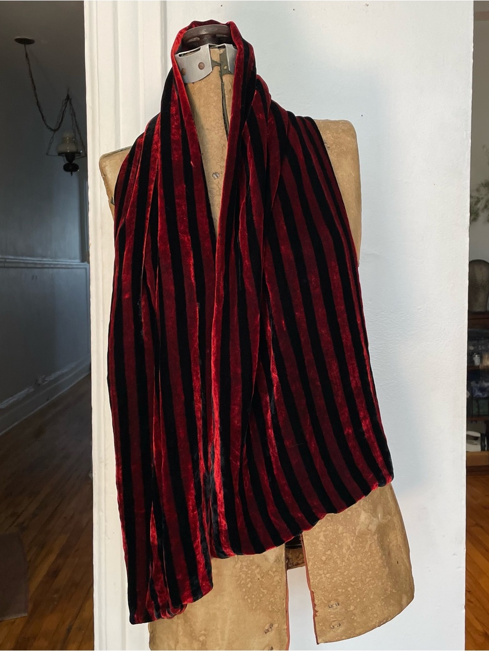 100% SILK VINTAGE Red and Black Striped Velvet Scarf